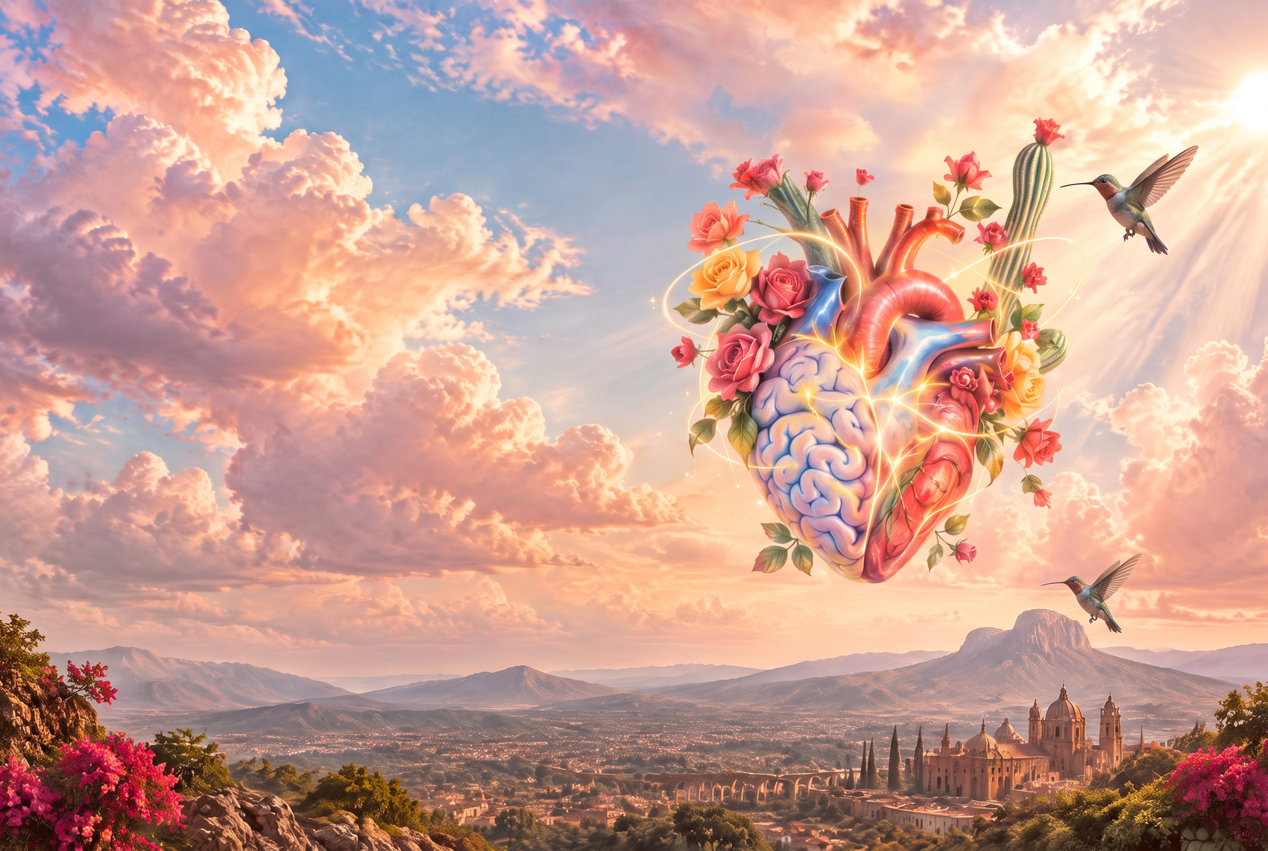 Corazón y cerebro floreciendo sobre Querétaro